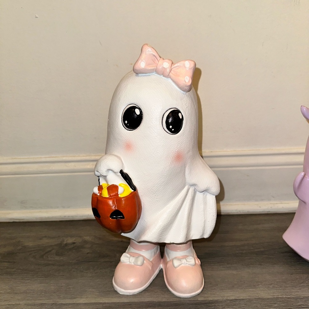 Girl Blushing Ghost Figurine Statue Pink Shoes Bow 13” Halloween Decor